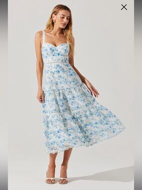 astr the label pellagia white & blue floral eyelet tiered midi dress small NEW